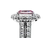 Large Accent Halo Engagement Ring Setting for Fancy Pink Emerald Cut Center with Pave Split Shank and Prong Head in Sterling Silver