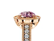 Milgrain Halo Engagement Ring Setting for Fancy Pink Round Cut Center with Pave Band and Prong Head in Rose Gold
