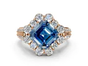 Large Accent Halo Engagement Ring Setting for Fancy Blue Asscher Cut Center with Pave Split Shank and Prong Head in Rose Gold