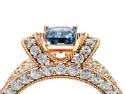 Pave Engagement Ring Setting for Fancy Blue Emerald Cut Center with Curved Accent Rows, Openwork and Prong Head in Rose Gold