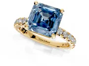 Solitaire Engagement Ring Setting for Fancy Blue Asscher Cut Center with Shared-Prong Accents and Prong Head in Yellow Gold
