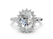 Starburst Halo Engagement Ring Setting for Oval Center with Thin Round-Wire Band and Prong Head in Sterling Silver