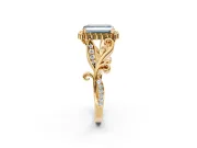 Halo Engagement Ring Setting for Fancy Blue Emerald Cut Center with Leaf Motif Split Shank and Prong Head in Yellow Gold