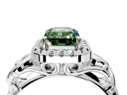 Halo Engagement Ring Setting for Fancy Green Emerald Cut Center with Open Scroll Shoulders and Prong Head in Platinum