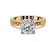 Solitaire Engagement Ring Setting for Cushion Cut Center with Milgrain X Pattern Band and Prong Head in Yellow Gold
