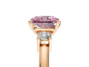 3 Stone Engagement Ring Setting for Fancy Pink Radiant Cut Center with Wide Plain Band and Prong Head in Rose Gold