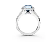 Halo Engagement Ring Setting for Fancy Blue Asscher Cut Center with Knife Ridge Cathedral Band and Prong Head in White Gold