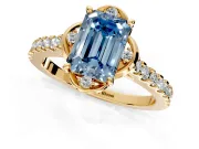 Floral Engagement Ring Setting for Fancy Blue Emerald Cut Center with Pave Band and Floral Prong Head in Yellow Gold