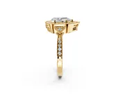 Halo Engagement Ring Setting for Pear-Shaped Center with Milgrain Rim, Pave Band and Prong Head in Yellow Gold