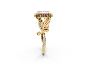 Halo Engagement Ring Setting for Fancy Pink Emerald Cut Center with Leaf Motif Split Shank and Prong Head in Yellow Gold