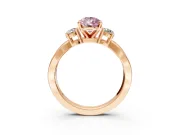 3 Stone Engagement Ring Setting for Fancy Pink Pear-Shaped Center with Pave Twist Band and Prong Head in Rose Gold
