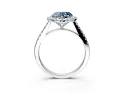 Halo Engagement Ring Setting for Fancy Blue Heart-Shaped Center with Narrowing Pave Band and Prong Head in White Gold