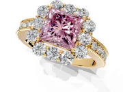 Halo Engagement Ring Setting for Fancy Pink Princess Cut Center with Milgrain Channel Band and Prong Head in Yellow Gold