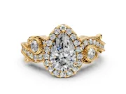 Milgrain Halo Engagement Ring Setting for Pear-Shaped Center with Shoulder Bezels and Prong Head in Yellow Gold