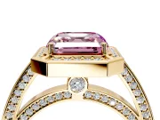 Halo Engagement Ring Setting for Fancy Pink Asscher Cut Center with Framed Halo, Pave Band and Prong Head in Yellow Gold
