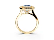 Halo Engagement Ring Setting for Fancy Blue Asscher Cut Center with Milgrain Frame, Pave Band and Prong Head in Yellow Gold