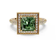 Milgrain Halo Engagement Ring Setting for Fancy Green Princess Cut Center with Three-Sided Pave Band and Prong Head in Yellow Gold