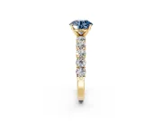 Shared-Prong Engagement Ring Setting for Fancy Blue Round Cut Center with Graduated Accents and Prong Head in Yellow Gold