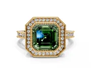 Halo Engagement Ring Setting for Fancy Green Asscher Cut Center with Milgrain Pave Band and Bezel Head in Yellow Gold