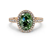 Accent Halo Engagement Ring Setting for Fancy Green Oval Center with Full-Length Pave Band and Prong Head in Rose Gold