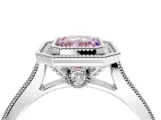 Halo Engagement Ring Setting for Fancy Pink Emerald Cut Center with Milgrain Pave Band and Bezel Head in Platinum