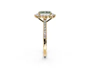 Halo Engagement Ring Setting for Fancy Green Radiant Cut Center with Single-Row Pave, Open Basket and Prong Head in Yellow Gold
