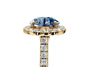 Halo Engagement Ring Setting for Fancy Blue Round Cut Center with Narrowing Pave Band and Prong Head in Yellow Gold