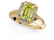 Halo Engagement Ring Setting for Fancy Yellow Emerald Cut Center with Knife Ridge Cathedral Band and Prong Head in Yellow Gold