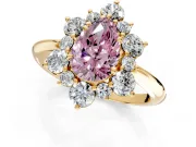 Small-Accent Cluster Halo Engagement Ring Setting for Fancy Pink Pear-Shaped Center with Plain Band and Prong Head in Yellow Gold