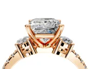 3 Stone Engagement Ring Setting for Princess Cut Center with Round Cut Side Accents and Prong Head in Rose Gold