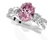 3 Stone Engagement Ring Setting for Fancy Pink Oval Center with Pave Split Shank and Prong Head in White Gold