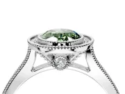 Halo Engagement Ring Setting for Fancy Green Oval Center with Milgrain Pave Band and Bezel Head in Platinum