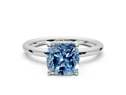 Hidden Halo Engagement Ring Setting for Fancy Blue Cushion Cut Center with Thin Rounded Band and Prong Head in Sterling Silver