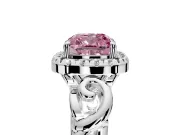 Halo Engagement Ring Setting for Fancy Pink Cushion Cut Center with Open Scroll Shoulders and Prong Head in White Gold