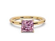 Low-Set Solitaire Engagement Ring Setting for Fancy Pink Princess Cut Center with Thin Plain Band and Prong Head in Yellow Gold
