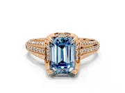 Solitaire Engagement Ring Setting for Fancy Blue Emerald Cut Center with Accented Split Shank and Prong Head in Rose Gold