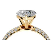 Solitaire Engagement Ring Setting for Heart-Shaped Center with Domed Multi-Row Pave Band and Prong Head in Yellow Gold