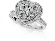 Halo Engagement Ring Setting for Heart-Shaped Center with Milgrain Pave Band and Bezel Head in White Gold
