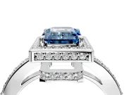 Halo Engagement Ring Setting for Fancy Blue Emerald Cut Center with Metal-Rimmed Halo, Pave Band and Prong Head in Platinum