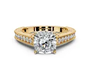 Solitaire Engagement Ring Setting for Cushion Cut Center with Engraved Pave Band and Prong Head in Yellow Gold