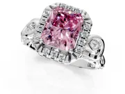 Halo Engagement Ring Setting for Fancy Pink Radiant Cut Center with Open Scroll Shoulders and Prong Head in Sterling Silver