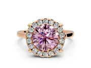 Single Halo Engagement Ring Setting for Fancy Pink Round Cut Center with Corner Claws, Plain Band and Prong Head in Rose Gold