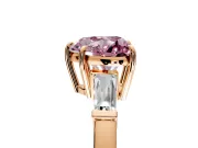 3 Stone Engagement Ring Setting for Fancy Pink Heart-Shaped Center with Baguette Accents and Prong Head in Rose Gold