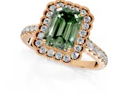 Milgrain Floral Halo Engagement Ring Setting for Fancy Green Emerald Cut Center with Pave Band and Prong Head in Rose Gold
