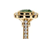 Halo Engagement Ring Setting for Fancy Green Cushion Cut Center with Milgrain Frame, Pave Band and Prong Head in Yellow Gold