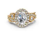Milgrain Halo Engagement Ring Setting for Oval Center with Shoulder Bezels and Prong Head in Yellow Gold