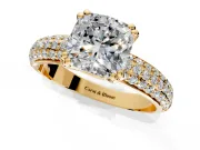 Solitaire Engagement Ring Setting for Cushion Cut Center with Multi-Row Pave Accents and Basket Head in Yellow Gold