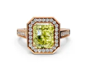 Halo Engagement Ring Setting for Fancy Yellow Radiant Cut Center with Outer Bezel Rim, Pave Band and Prong Head in Rose Gold