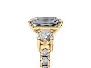 3 Stone Engagement Ring Setting for Emerald Cut Center with Round Cut Side Accents and Prong Head in Yellow Gold