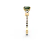 3 Stone Engagement Ring Setting for Fancy Green Cushion Cut Center with Round Cut Side Accents and Prong Head in Yellow Gold